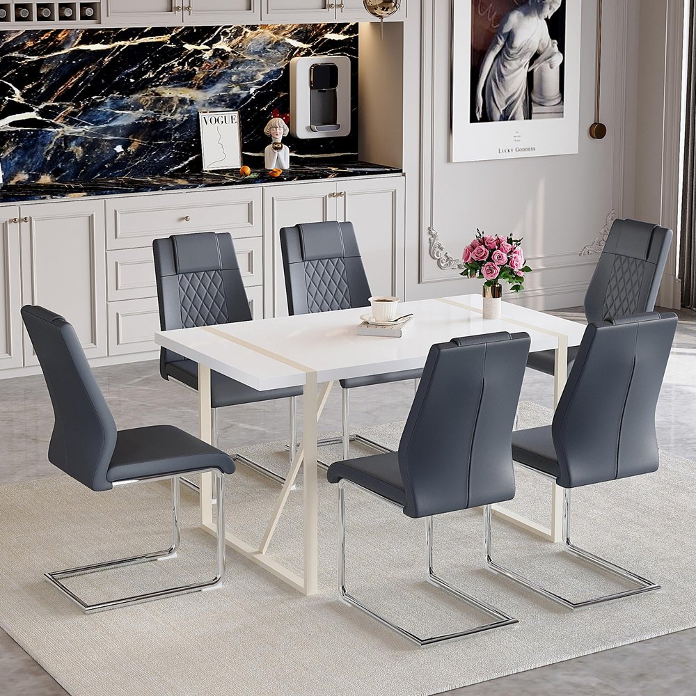 55"Kitchen Table Chairs Set of 6,Dining Table Set for 6 with Chairs,1.5" Thick MDF Table Top with White Metal Frame and 6 PU Chairs,Modern Dining Table Set for 6 for Apartment Dining Room Kitchen