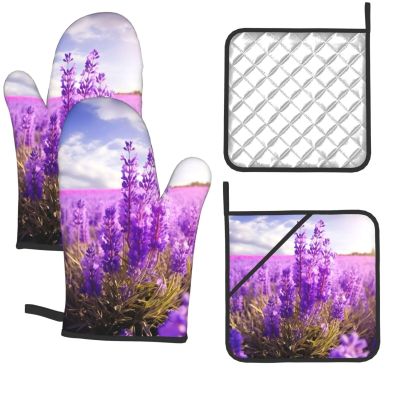 Lavender Flower Oven Mitts and Pot Holders 4-Piece Set, Extended Kitchen Gloves and Pan Racks, Heat Resistant Oven Gloves Hot Pads Non-Slip Cooking Gloves Potholders Gifts for Women