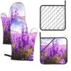 Lavender Flower Oven Mitts and Pot Holders 4-Piece Set, Extended Kitchen Gloves and Pan Racks, Heat Resistant Oven Gloves Hot Pads Non-Slip Cooking Gloves Potholders Gifts for Women view 1