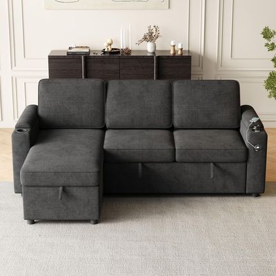 Anwick Sofa Bed Sleeper Pull Out 2 in 1 Sectional Sleeper Sofa Couches with Storage,USB, Cup Holder,Pullout Sectional Couches for Apartment Living Room (Black)