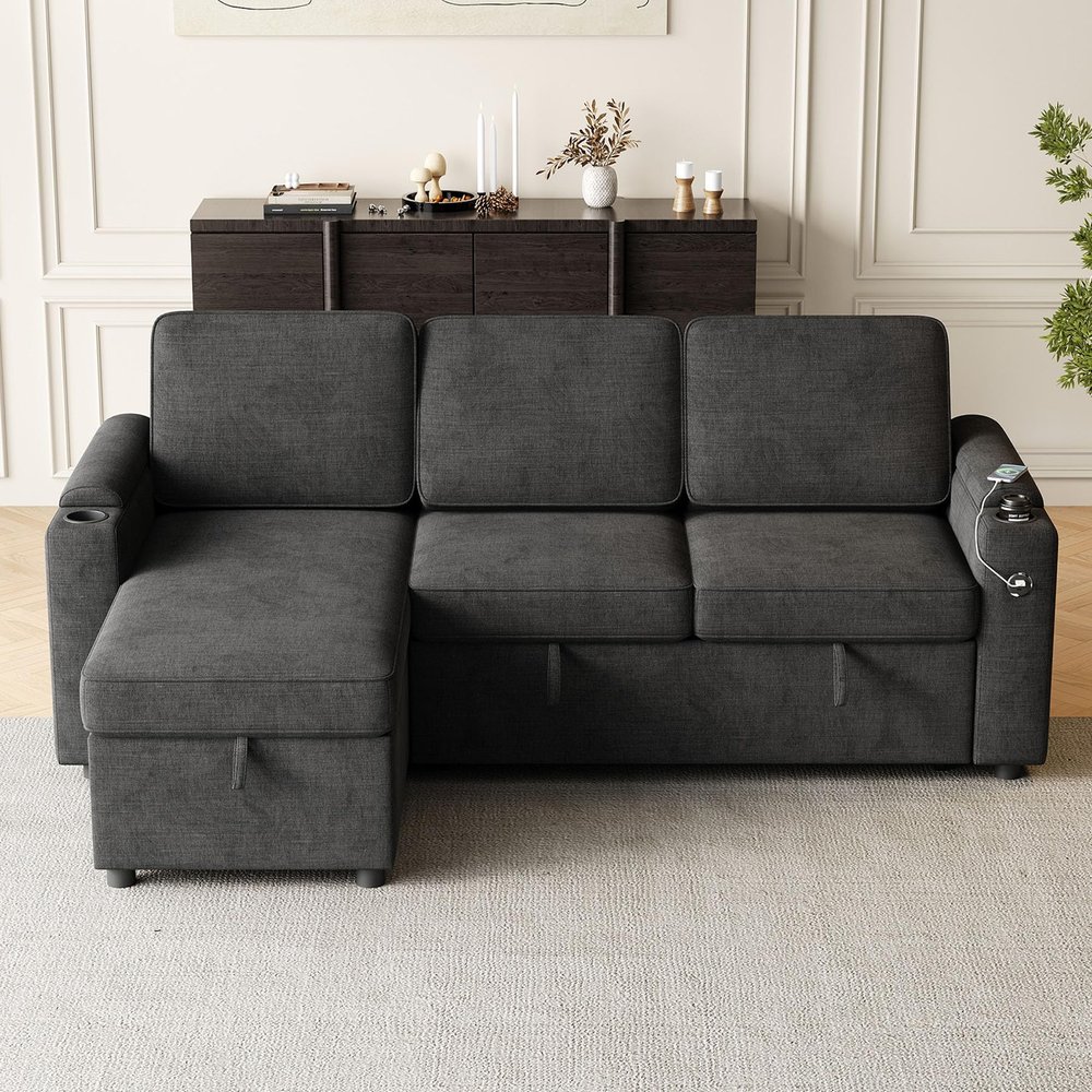 Anwick Sofa Bed Sleeper Pull Out 2 in 1 Sectional Sleeper Sofa Couches with Storage,USB, Cup Holder,Pullout Sectional Couches for Apartment Living Room (Black)