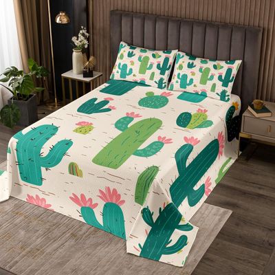 Manfei Cactus Bedspread King Size, Green Cactus Pink Flower Coverlet Set, Desert Plants Quilted Coverlet with 2 Pillowcases, Kids Boys Girls Room Decor, Soft Polyester Bedding Quilt