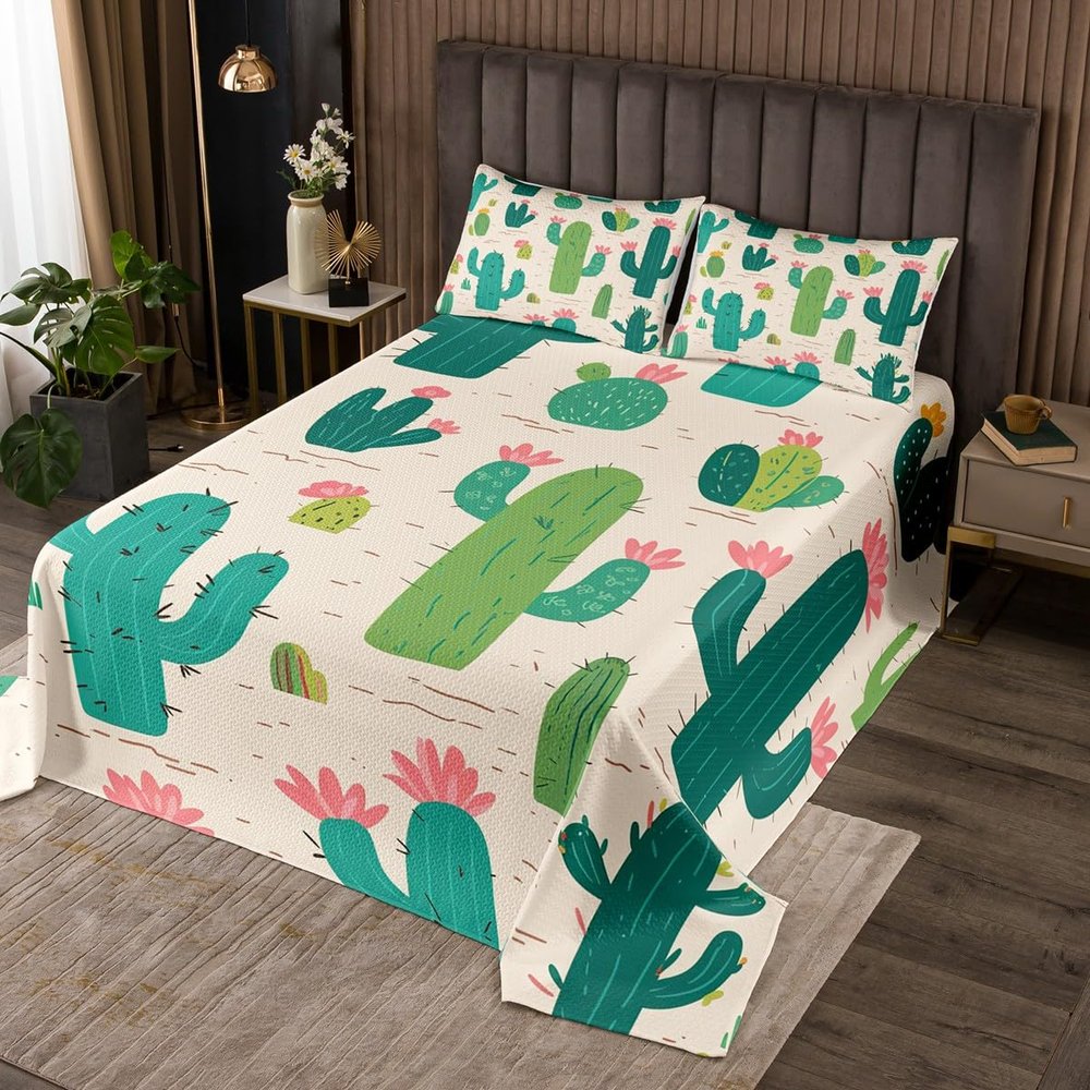 Manfei Cactus Bedspread King Size, Green Cactus Pink Flower Coverlet Set, Desert Plants Quilted Coverlet with 2 Pillowcases, Kids Boys Girls Room Decor, Soft Polyester Bedding Quilt