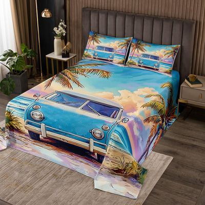 Manfei Sea Beach Bedspread Queen Size, Summer Beach Camping Coverlet Set, Tropical Palm Tree Quilted Coverlet with 2 Pillowcases, Kids Girls Room Decor, Soft Polyester Bedding Quilt