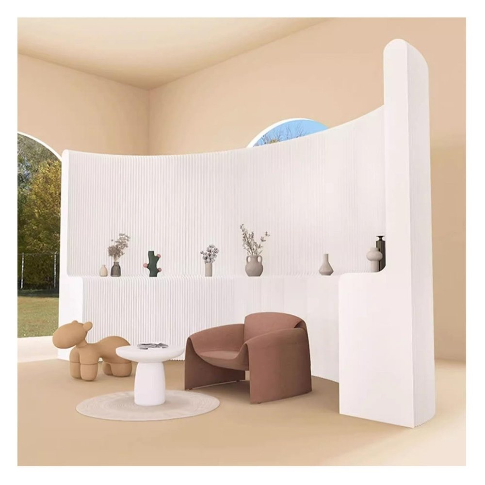 AEDNX Room Dividers Folding Privacy Screen Partition Indoor Room Divider with Storage Shelves, Thickened Paper Panel Screen forHome/Office/Clothing Store/Live Streaming Background(White,H1.5M-L2~3M)