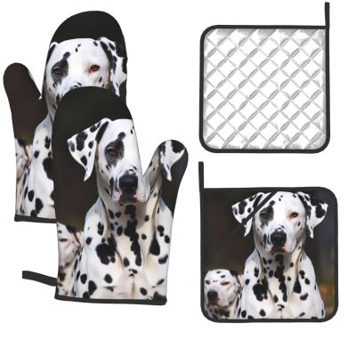 Dalmatian Dog Oven Mitts and Pot Holders 4-Piece Set, Extended Kitchen Gloves and Pan Racks, Heat Resistant Oven Gloves Hot Pads Non-Slip Cooking Gloves Potholders Gifts for Women