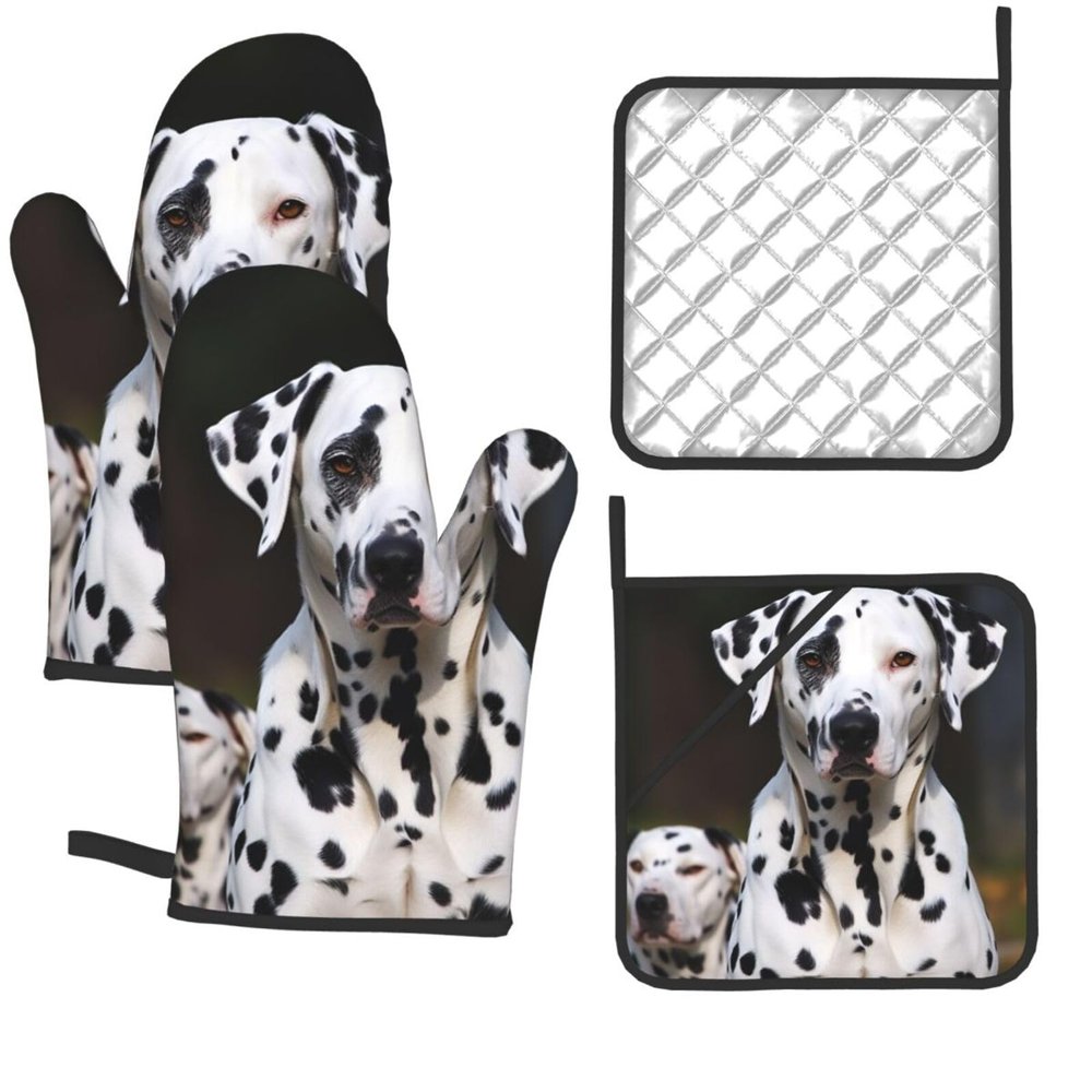 Dalmatian Dog Oven Mitts and Pot Holders 4-Piece Set, Extended Kitchen Gloves and Pan Racks, Heat Resistant Oven Gloves Hot Pads Non-Slip Cooking Gloves Potholders Gifts for Women
