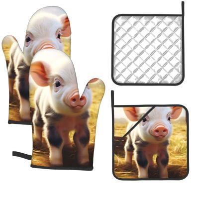 Cute Farm Animal Oven Mitts and Pot Holders 4-Piece Set, Extended Kitchen Gloves and Pan Racks, Heat Resistant Oven Gloves Hot Pads Non-Slip Cooking Gloves Potholders Gifts for Women
