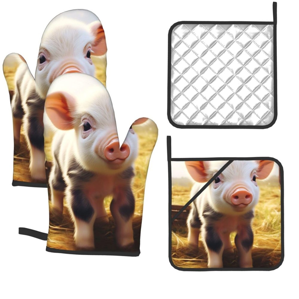 Cute Farm Animal Oven Mitts and Pot Holders 4-Piece Set, Extended Kitchen Gloves and Pan Racks, Heat Resistant Oven Gloves Hot Pads Non-Slip Cooking Gloves Potholders Gifts for Women