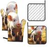 Cute Farm Animal Oven Mitts and Pot Holders 4-Piece Set, Extended Kitchen Gloves and Pan Racks, Heat Resistant Oven Gloves Hot Pads Non-Slip Cooking Gloves Potholders Gifts for Women view 1