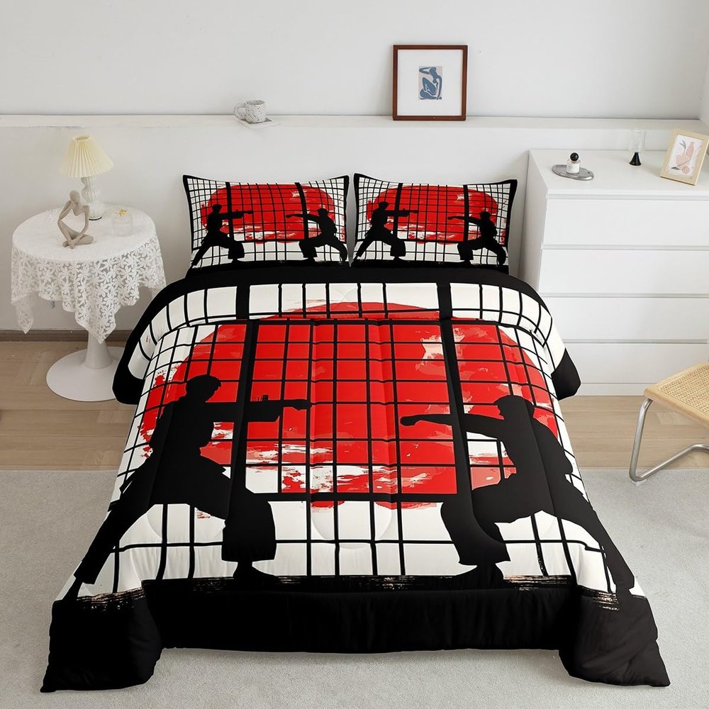Feelyou Taekwondo Comforter Set Toddler Size Kids Japanese Style Bedding Set for Boys Girls Teens Red Sun Comforter Breathable Duvet Set Room Decor Quilt Set