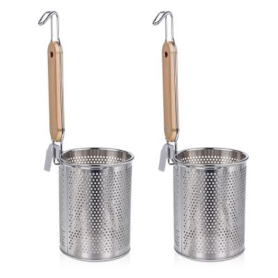 2 Pack Pasta Basket for Boiling Stainless Steel Food Strainer with Wood Handle Spaghetti Spoon Fine Mesh Colander for Pasta Noodle Dumpling (4.5"D x 14.6"H)