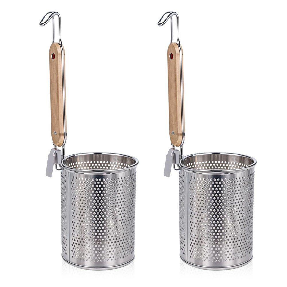 2 Pack Pasta Basket for Boiling Stainless Steel Food Strainer with Wood Handle Spaghetti Spoon Fine Mesh Colander for Pasta Noodle Dumpling (4.5"D x 14.6"H)