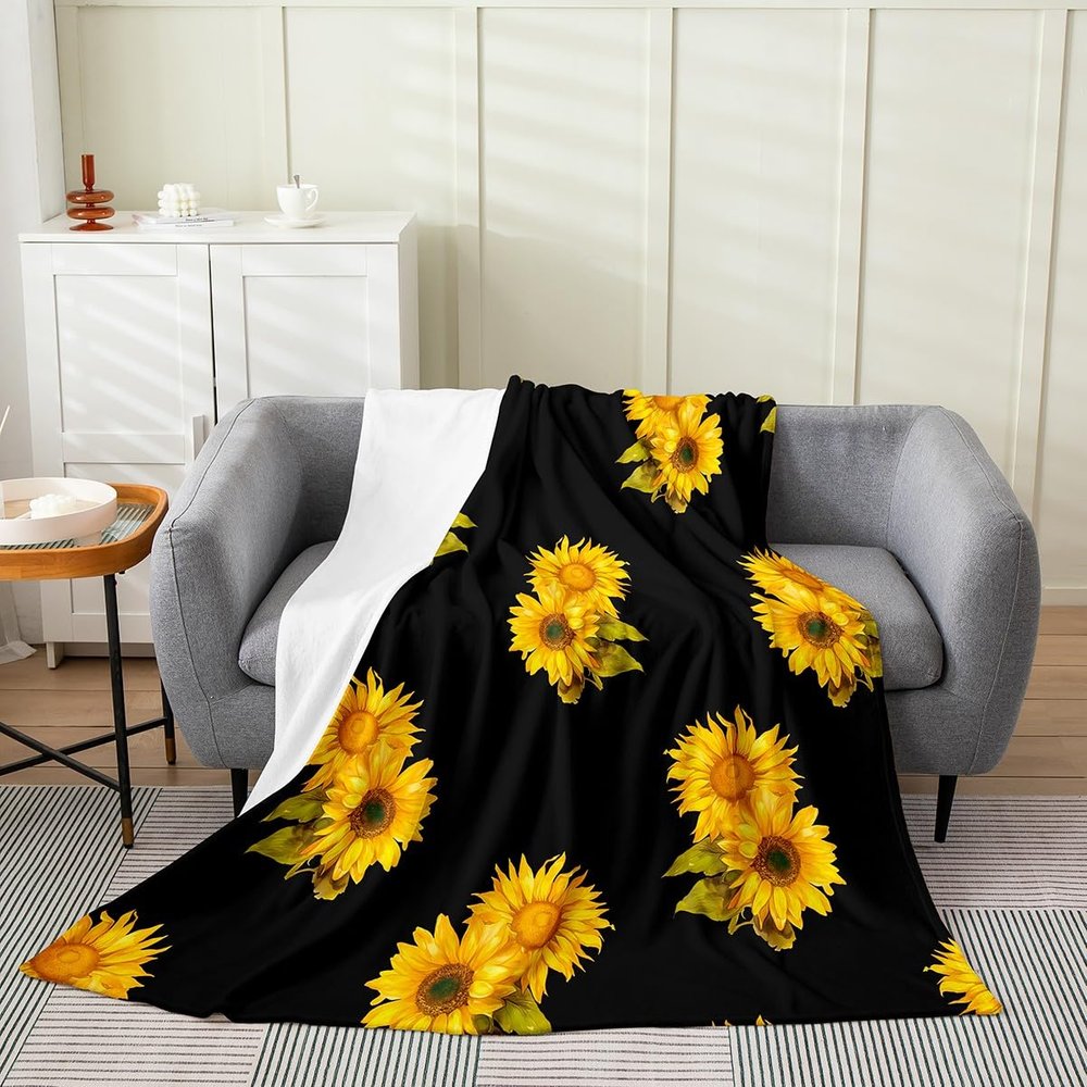 jejeloiu Black Sunflowers All Season,Bed Blanket Yellow Floral Botanical Plush Throw Blanket, Baby 30"x40" Sunflowers Flannel Fleece Blanket Yellow Sunflower All Season