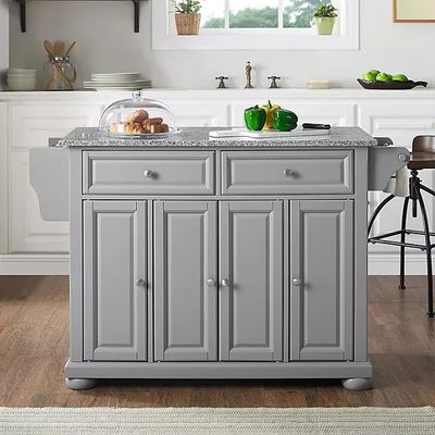 Kitchen Island Cart with Granite Counter Top, Gray Cabinet, 2 Drawers, 4 Doors, Full Size