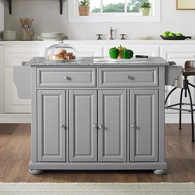 Kitchen Island Cart with Granite Counter Top, Gray Cabinet, 2 Drawers, 4 Doors, Full Size