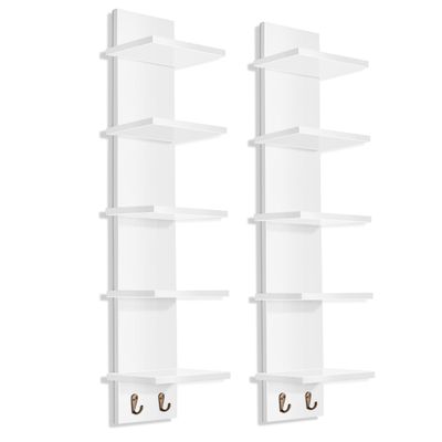 Sorbus 5 Tier Wall Shelf Unit with Hooks, 31 Inch Vertical Column Utility Shelving for Home Decor and Storage Organizer, Wall-Mounted Floating Shelves for Bathroom Storage, Bedroom (White, 2 Pack)