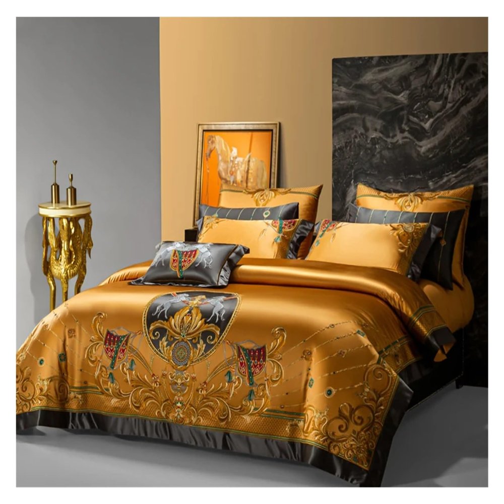 European Aristocratic Gold V-intage Brocade Egyptian Cotton Embroidered Luxury Bedding Set Quilt Cover Bed Linen Bedspread,Bed