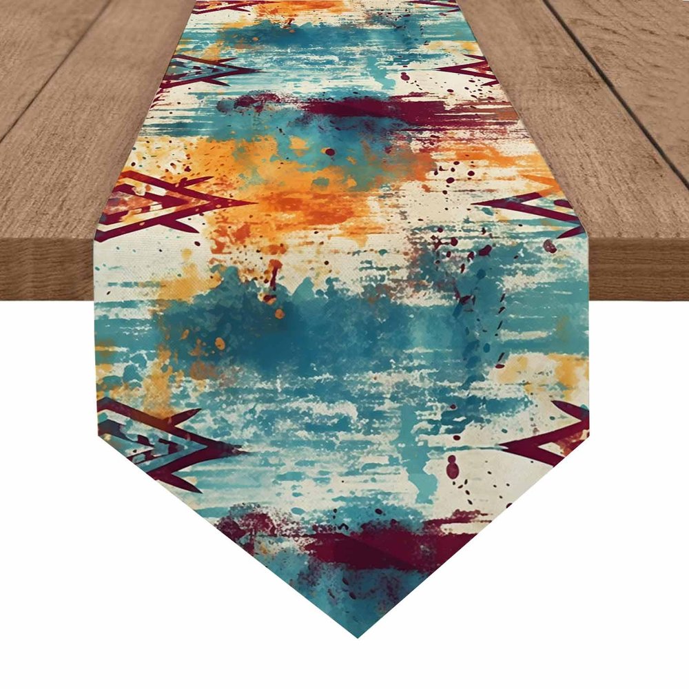 DecorLovee Boho Orange Teal Red Table Runner for Kitchen Dining Room Buffet, Modern Abstract Splashing Art Non-Slip Dresser Scarves Tablecloth for Cafe Indoor Outdoor Home Parties 1472 Inches Long
