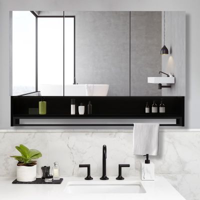 Bathroom Wall Cabinet with Mirror, Rectangle with Towel Bar Mirror, Wall Mounte Mirror with Storage, Easy to Install, Explosion-Proof, for Living Room, Bedroom, Bathroom, Entryway(Black,90x70cm/35.4x2