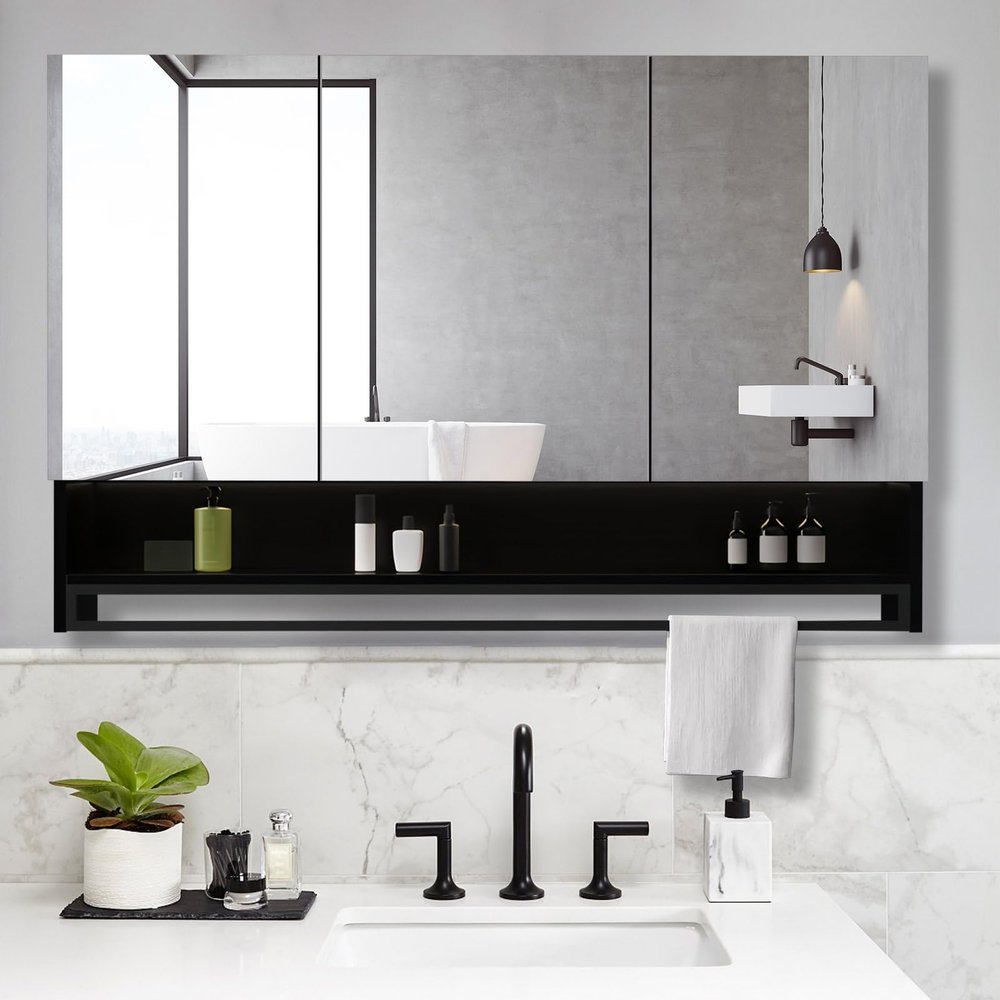 Bathroom Wall Cabinet with Mirror, Rectangle with Towel Bar Mirror, Wall Mounte Mirror with Storage, Easy to Install, Explosion-Proof, for Living Room, Bedroom, Bathroom, Entryway(Black,90x70cm/35.4x2