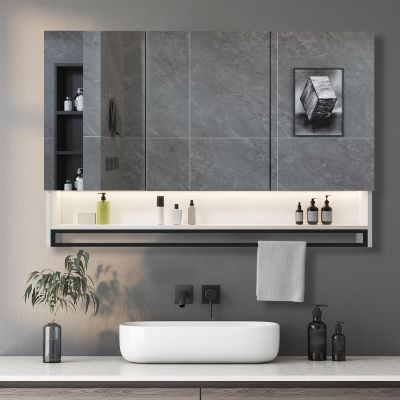 Bathroom Wall Cabinet with Mirror, Rectangle with Towel Bar Mirror, Wall Mounte Mirror with Storage, Easy to Install, Explosion-Proof, for Living Room, Bedroom, Bathroom, Entryway(White,90x70cm/35.4x2