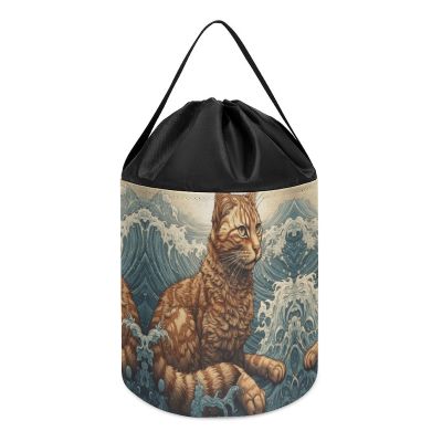 Cat in The Waves Toy Storage Drawstring Bags Reusable Organizing Bucket Bags Building Block Storage Bag Travel Bag Case with Visible Top for Building Blocks Tiles Board Game