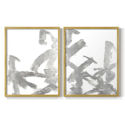 Renditions Gallery Set of 2 Peel & Stick Framed Prints, Watercolor Abstract Wall Art, Textured Silver Brush Strokes Wall Decor, Re-Stickable - Ready to Hang - 11"x14" - GOLD Frame LT586