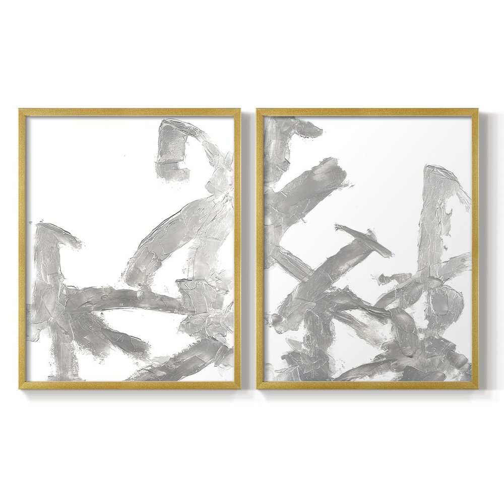 Renditions Gallery Set of 2 Peel & Stick Framed Prints, Watercolor Abstract Wall Art, Textured Silver Brush Strokes Wall Decor, Re-Stickable - Ready to Hang - 11"x14" - GOLD Frame LT586