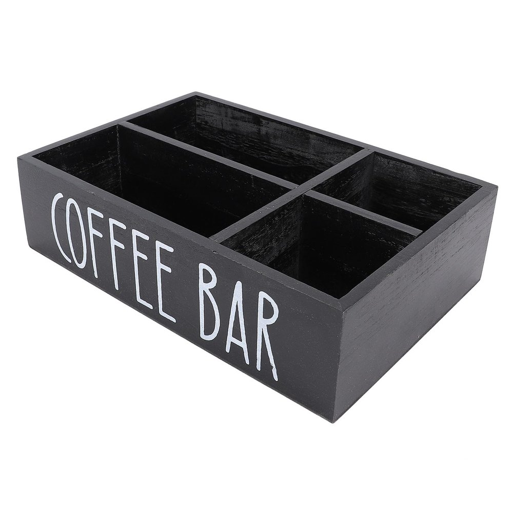 BTSEURY Coffee Station Organizer with Divider, Wooden Coffee Bar Accessories Storage Box Tea Bags Coffee Pods Holder for Countertop Kitchen, Coffee Station Storage Box (Black)