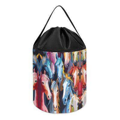 Colorful Cartoon Horses Toy Storage Drawstring Bags Reusable Organizing Bucket Bags Building Block Storage Bag Travel Bag Case with Visible Top for Building Blocks Tiles Board Game