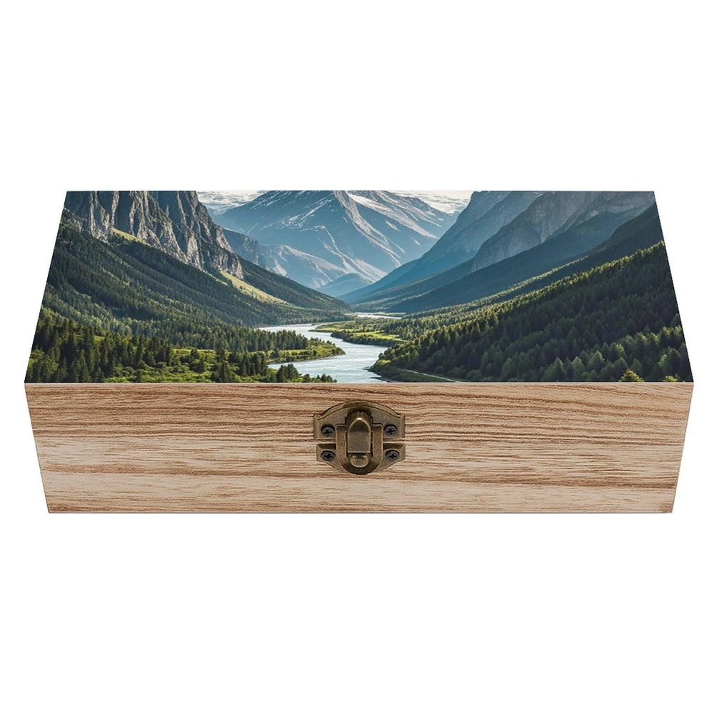 AQRJKHD Wooden Storage Box Mountains And Rivers Container with Hinged Lid And Front Clasp Keepsake Box Natural Wood Case Storage Jewelry Box Cabinet Organizers Containers for Crafts Art Hobbies