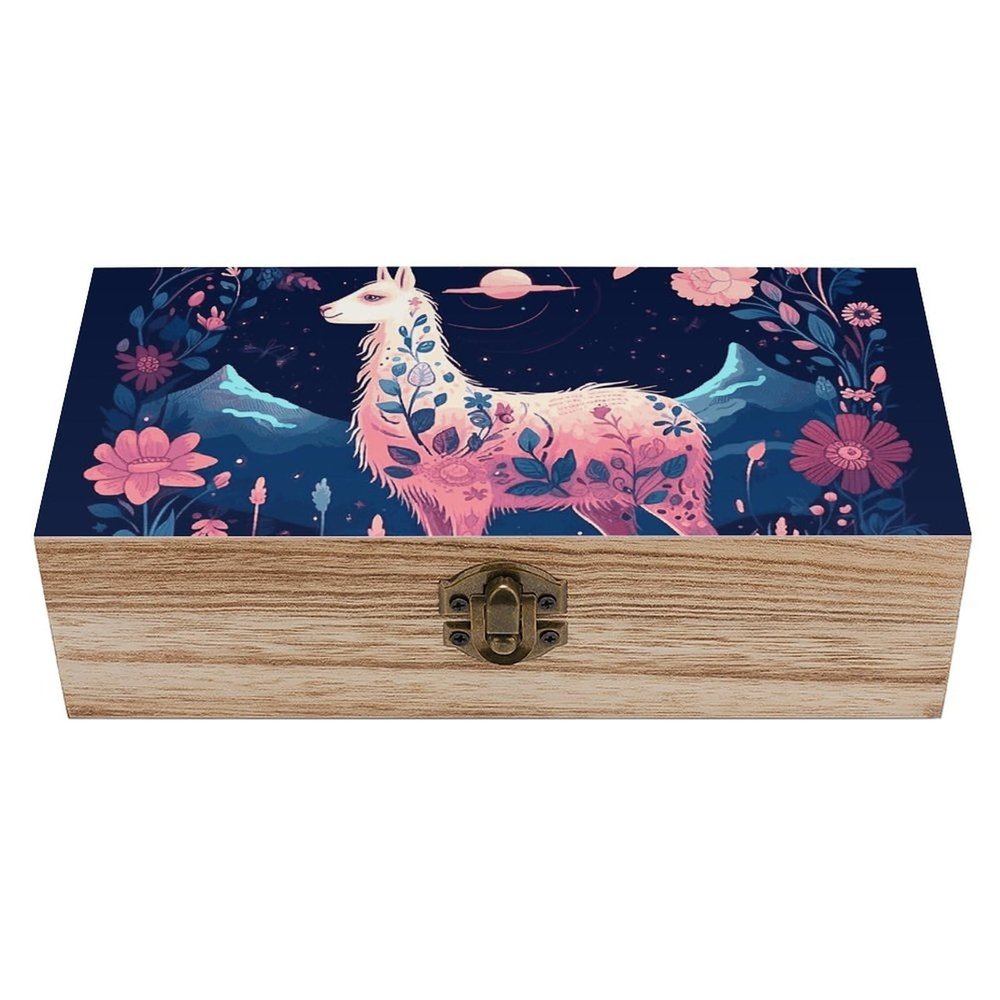 AQRJKHD Wooden Storage Box Starry Night Alpaca Container with Hinged Lid And Front Clasp Keepsake Box Natural Wood Case Storage Jewelry Box Cabinet Organizers Containers for Crafts Art Hobbies