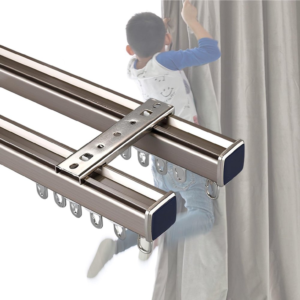 WUGUOK Curtain Conjoined Double Track, Ceiling Wall-Mounted Sliding Curtain Rail Aluminum Curtain Rods for Room Partition Living Room with Installation Accessories(Champagne,80cm/2.6ft)