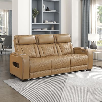 Lexicon Power Reclining Sofa, Faux Leather Dual Recliners, Center Drop-Down Table, Power Headrest, Cup Holders, Storage Arms, Charging Ports, LED Lighting, Home Theater Seating for Living Room, Brown