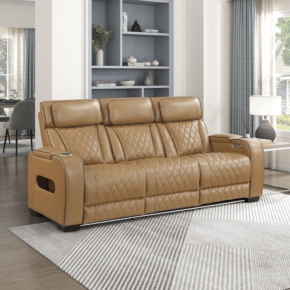 Lexicon Power Reclining Sofa, Faux Leather Dual Recliners, Center Drop-Down Table, Power Headrest, Cup Holders, Storage Arms, Charging Ports, LED Lighting, Home Theater Seating for Living Room, Brown