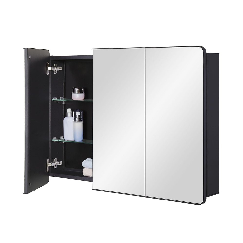 IDYLLOR Bathroom Mirror Medicine Cabinet with Round Corner Framed Door 36 x 26 inch, BlackRecessed or Surface Mount, with Adjustable Glass Shelves