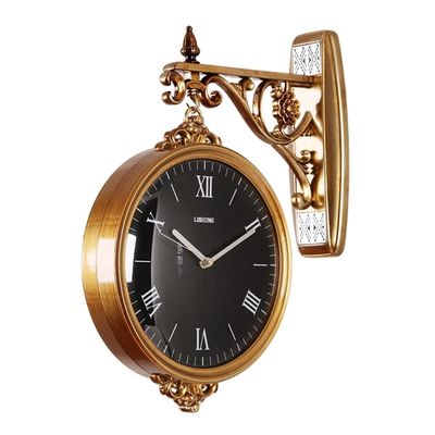 ZHZHZ Wall Clock,Retro Double-Sided Double-Sided Quartz Retro Living Room Modern Black Gold Nordic Silent Saat Room Decorations for a Living Room, Lobby, Porch or Corridor
