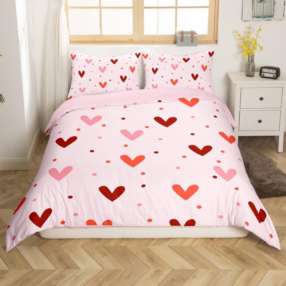 jejeloiu Heart Bedding Set King Size Cute Comforter Cover Set for Boys Girls Teens Valentine's Day Duvet Cover Kawaii Bedspread Cover Room Decor Peach Pink Quilt Cover,No Comforter