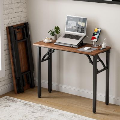 Frylr Small Folding Computer Desk 35.8 Inch Portable Table for Craft and Study, Lightweight Desk for Small Spaces, Foldable Laptop Table Built-in AC/USB Outlets for Convenience, Dark Walnut