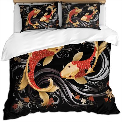 BAFABUI Koi Fish Bedding Set, Japanese Bedding Duvet Cover Set, Marine Animal Duvet Cover, Watercolor Flowers Bedspread Cover Bedroom Quilt Cover 3Pcs Full