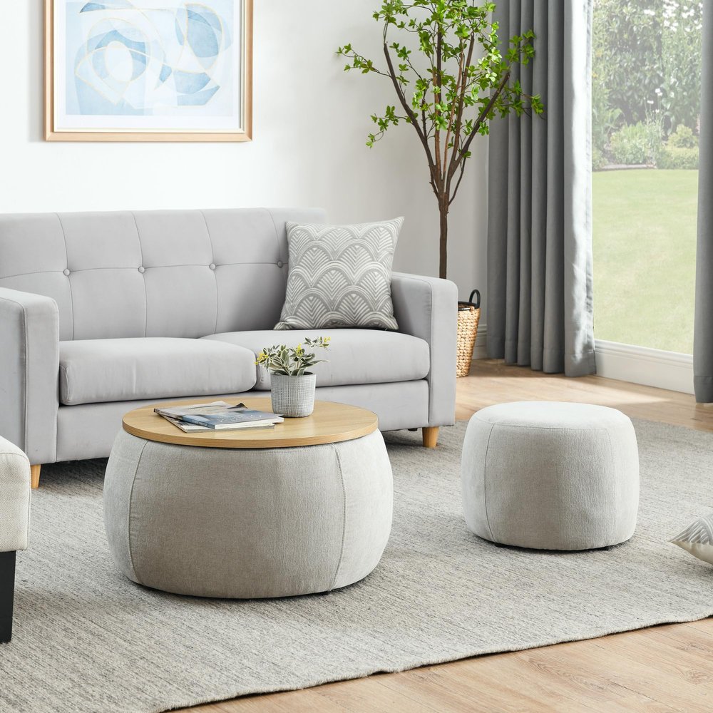 25 Inch Round Ottoman Set with Storage,2 in 1 Combination Function Footrest with Storage,End Table Coffee Table with Removable Wooden Lid for Living Room Home Furniture,Fully Assembled (Light Grey)