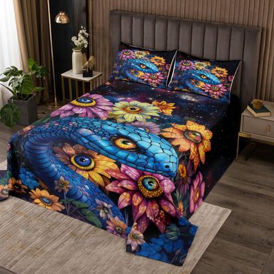 Manfei Blue Snake Kids Bedspread Queen Size,Reptile Animals Snake Rustic Coverlet Set,Boys Girls Room Decor,Sunflower Plant Farmhouse Quilted Coverlet,Trippy Country Bedding Quilt,2 Pillowcases