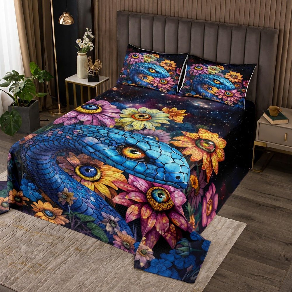 Manfei Blue Snake Kids Bedspread Queen Size,Reptile Animals Snake Rustic Coverlet Set,Boys Girls Room Decor,Sunflower Plant Farmhouse Quilted Coverlet,Trippy Country Bedding Quilt,2 Pillowcases