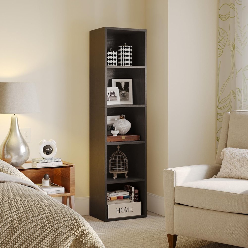 5-Tier Black Narrow Bookshelf Corner Shelf, Storage Shelves for Home Office, Living Room, Bedroom - Floor Standing Display Unit Furniture