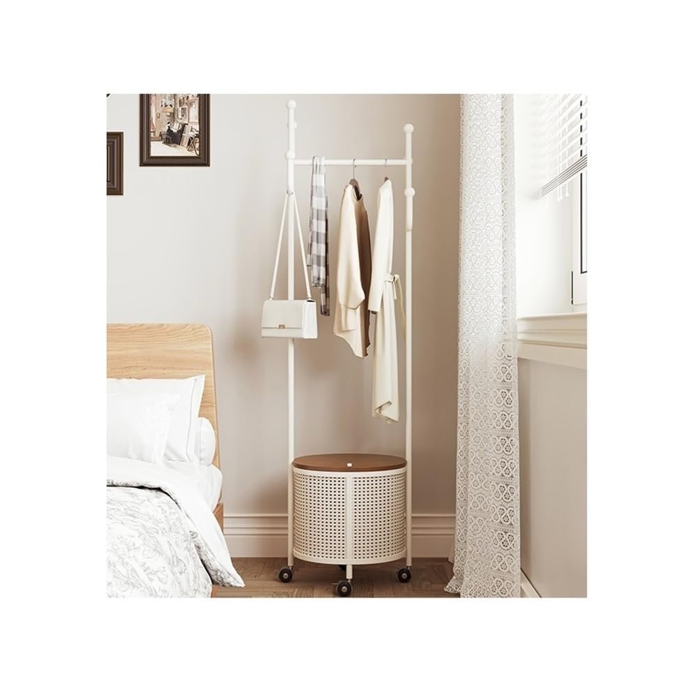 Coat and Hat Hanger, Cream-Style Bedroom Garment Rack with Dirty Clothes Basket, Moveable Stand with Wheels for Hanging Clothes, Hats, and Bags,Organizer Rack(Milky White)