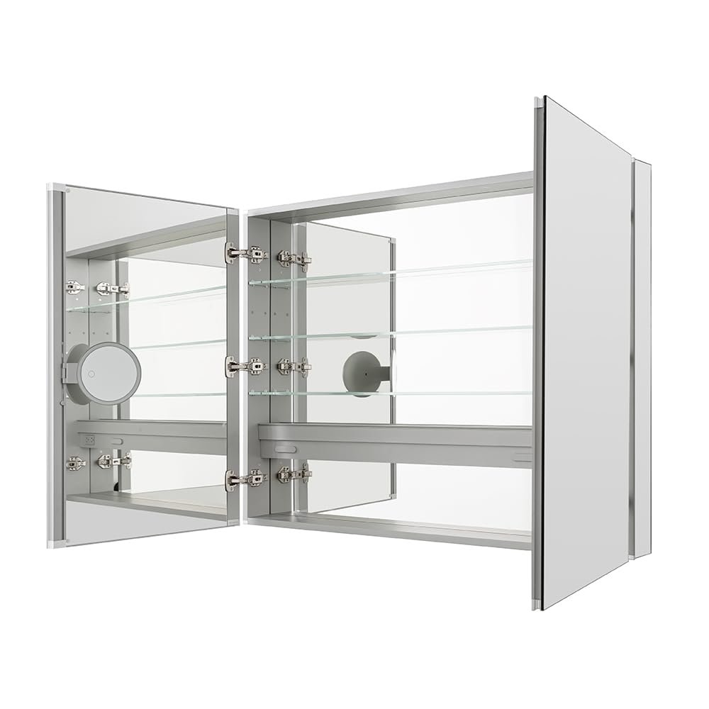 AQUADOM Royale Medicine Cabinet Defogger, 3X LED Lighted Vertically Adjustable Magnifying Mirror, Electrical Outlets, Magnetic Organizer, Recessed or Surface Mount (48"x36"x5")