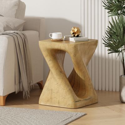 Goujxcy Twist Shape End Table for Indoor Outdoor Vintage Magnesium Oxide Accent Side Table Black Small Bedside Table Nightstand Patio Side Table for Living Room Bedroom Balcony,No Assembly,Natural