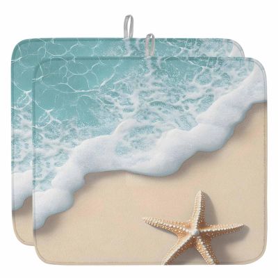 2 Pack Dish Drying Mats,Ocean Sandy Beach Starfish Super Absorbent Microfiber Dishes Drainer Mat Teal Foamy Wave Sea Shore Reversible Drying Rack Pads for Kitchen Counter Sink