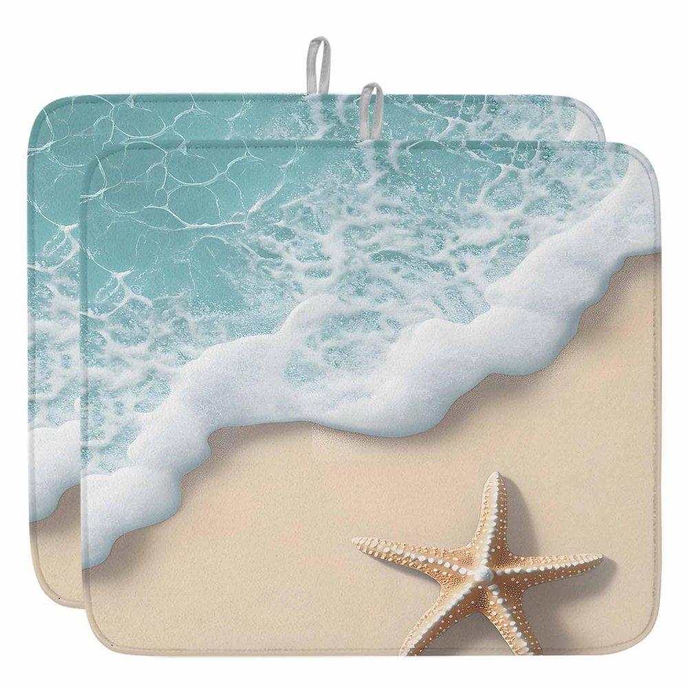 2 Pack Dish Drying Mats,Ocean Sandy Beach Starfish Super Absorbent Microfiber Dishes Drainer Mat Teal Foamy Wave Sea Shore Reversible Drying Rack Pads for Kitchen Counter Sink